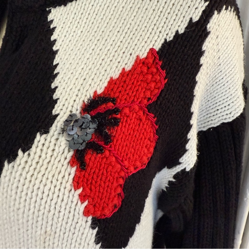 Vintage Argyle story book knits Black Red Floral cardigan with ceramic buttons - Picture 9 of 16